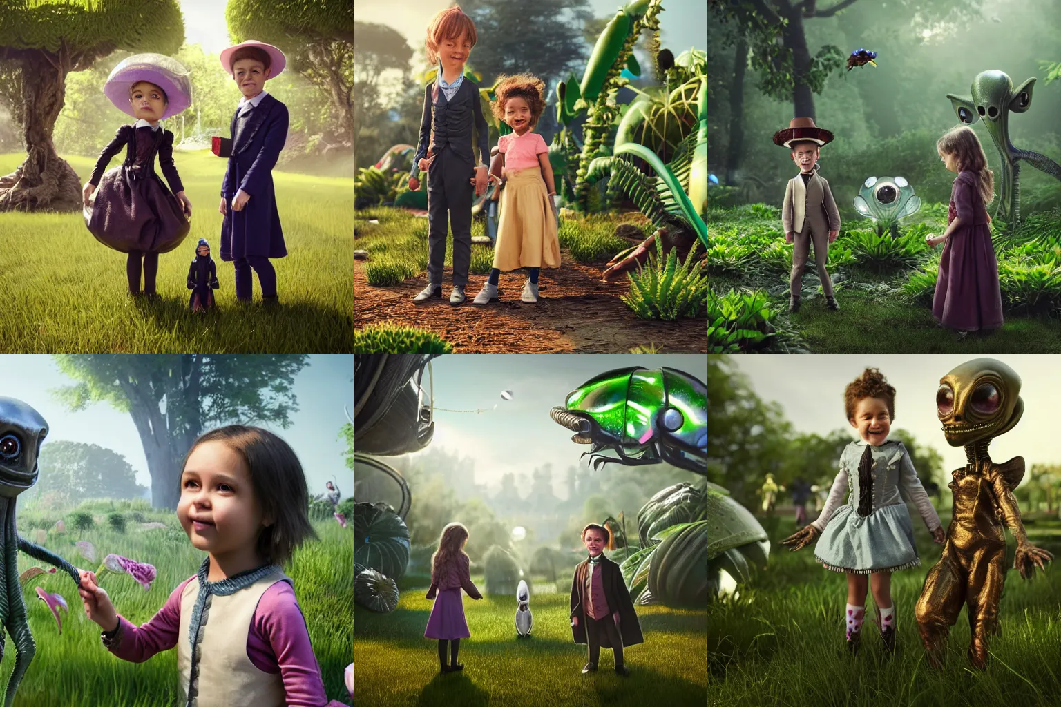 Prompt: a girl and a boy standing next to some alien plants, looking happy, wearing victorian clothes, they are playing with their small pet alien creature, in a park on a alien planet, extremely high details, ultra realistic facial details, ultra photorealistic raytracing, octane, trending on artstation, 8k