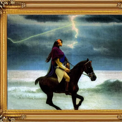 Prompt: Magician riding a horse leaving the castle through the bridge, thunderstorm, beach ocean on the background major arcana sky, by paul delaroche, alphonse mucha, arnold böcklin,hyperrealistic 8k, very detailed, portrait