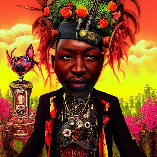 Prompt: wide angle dynamic portrait of a chibbi african cyberpunk shaman in a black rose garden with a red pond and a golden ornate steampunk portal, by mark ryden and todd schorr and mark davis and thomas kinkade in a surreal lowbrow style, digital paint, matte paint, vivid synthwave colors, breathtaking landsape