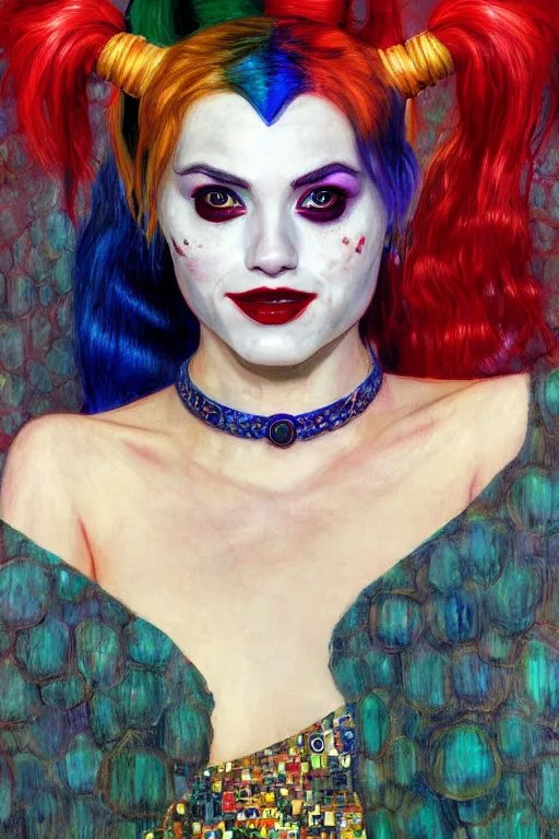 Prompt: portrait of beautiful young Harley Quinn maiden, highly detailed, artstation, illustration, art by Gustav Klimt