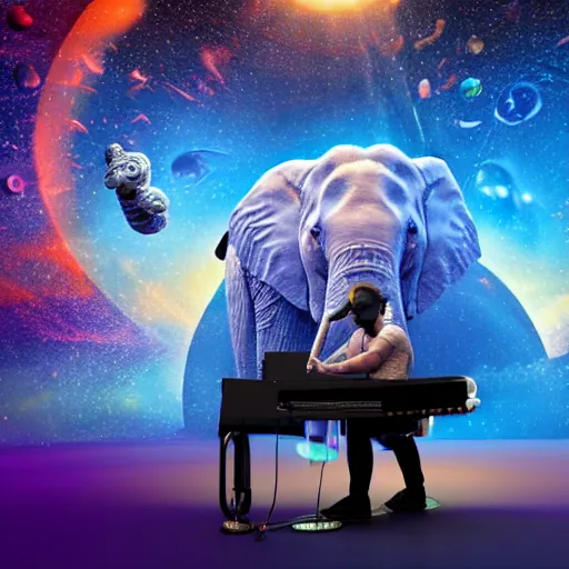 Image similar to a hyperrealistic 3D octane render of an elephant wearing an oculus rift and playing a keyboard inside of a dome planetarium with planets and galaxies, 8k, unreal engine, dramatic lighting, volumetric lighting, uplighting, ray tracing, photorealistic,