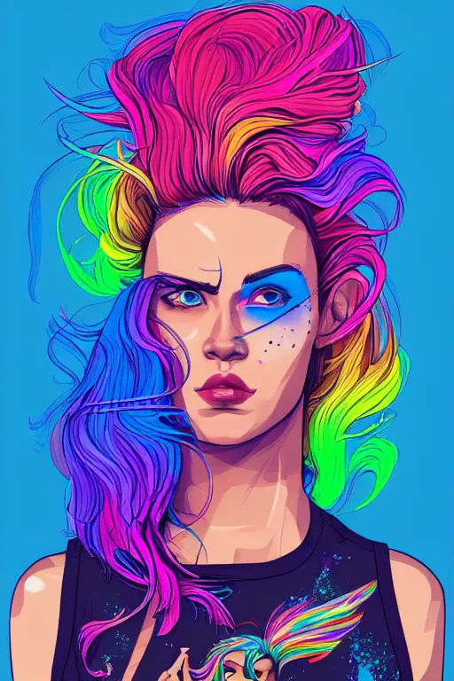 Image similar to a award winning half body portrait of a beautiful woman with stunning eyes in a printed croptop and cargo pants with rainbow colored ombre hairstyle head in motion and hair flying by josan gonzales, outrun, vaporware, shaded flat illustration, digital art, trending on artstation, highly detailed, fine detail, intricate