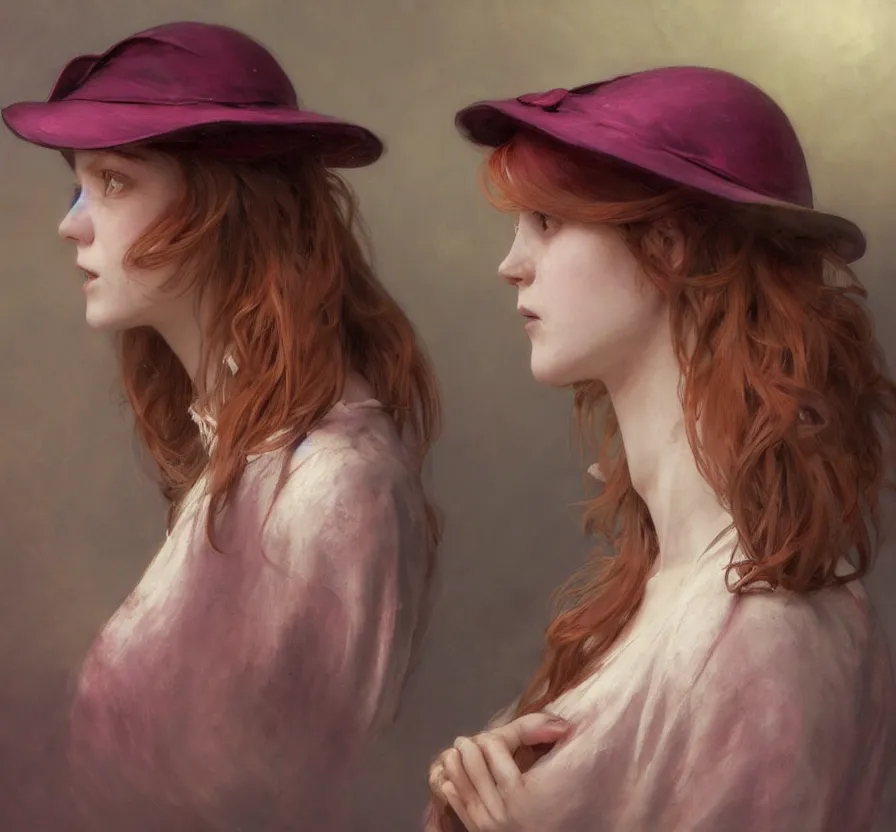 Image similar to realistic, portrait, centered, dramatic, fantasy, render of a redhead young girl, with a pink wool street hat on her head, by wlop, artgerm, greg rutkowski, alphonse mucha, beautiful dynamic, dramatic, dark, moody lighting, shadows, cinematic atmosphere, artstation, concept design art, octane render, 8 k