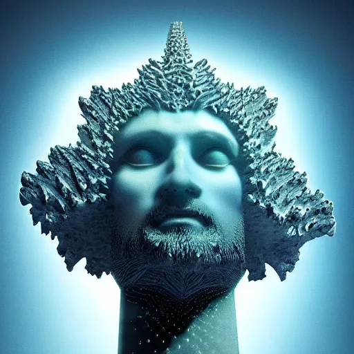 Image similar to a crystalline 3 d mandelbulb fractal in the shape of jesus christ on the cross, bioluminescent opal, fractal, magnificent lighting, ethereal, ray tracing, octane