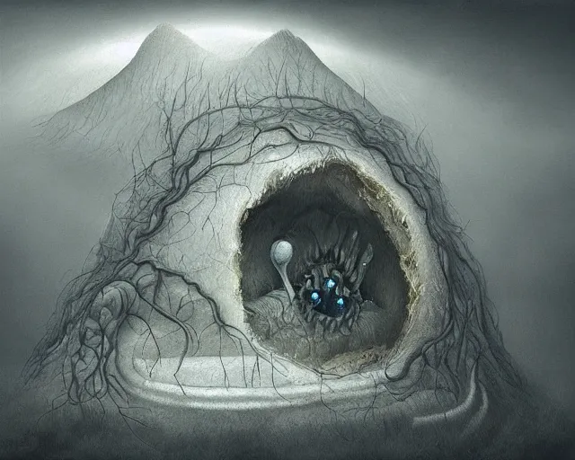 Image similar to a painting of a strange landscape inside the mouth of an otherworldly creature, by anton semenov