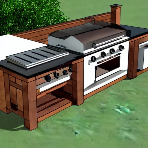 Prompt: modern outdoor kitchen design with grill and pizza oven, designer pencil sketch, HD resolution