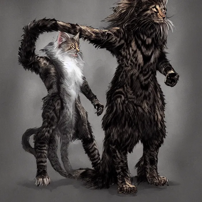Prompt: khajit tabaxi catfolk humanoid cloaked in shadow and wearing leather armor with maine coon features black fur holding two shortswords, dungeons and dragons, pure white background, fantasy, tarot card style, half body portrait, high detail, hyper realistic