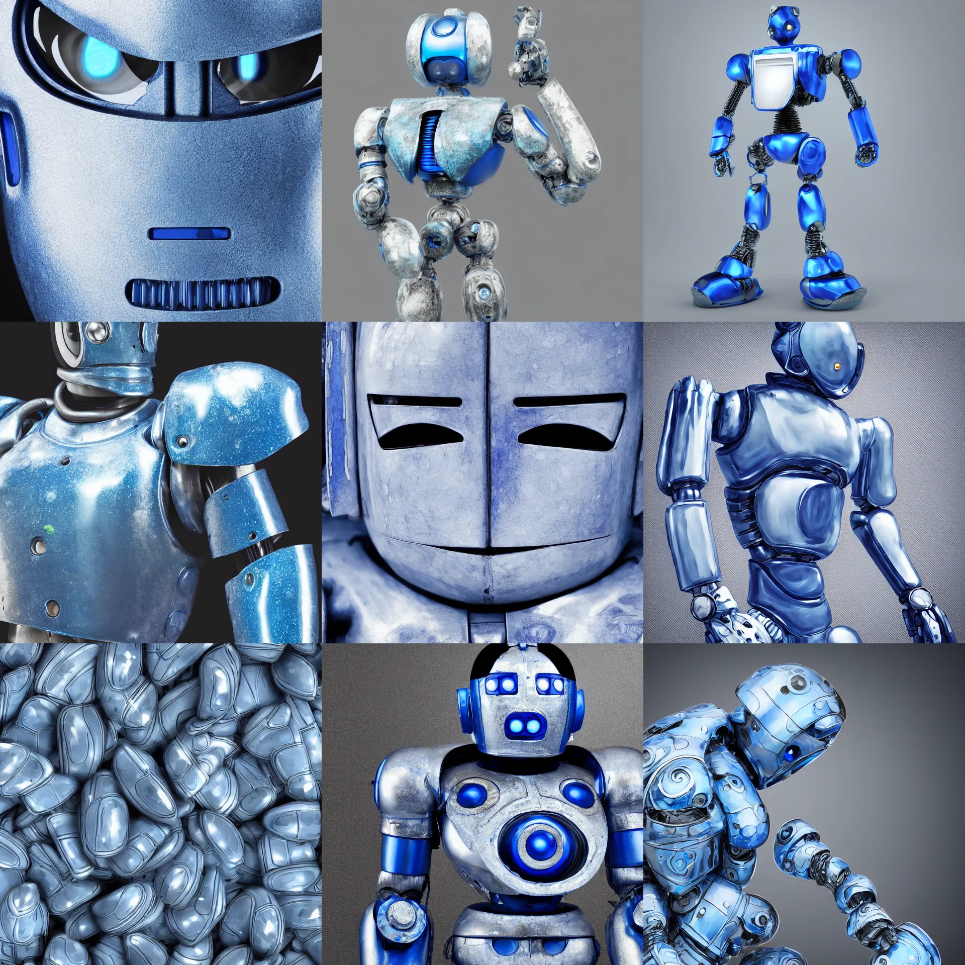 Prompt: a blue robot wearing a white chiton, close up, bokeh, high quality, studio lighting, grey background, digital art