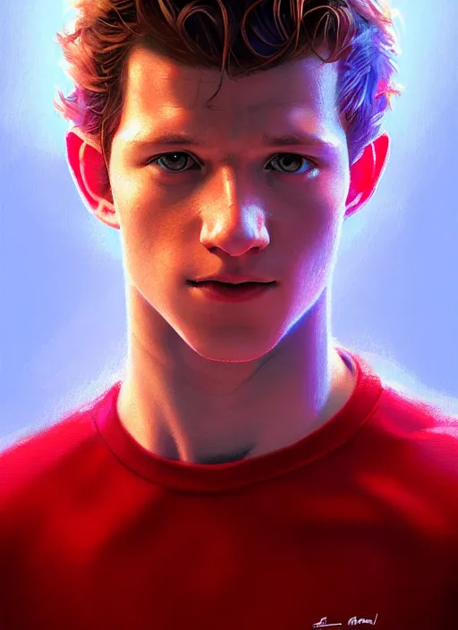 Image similar to portrait of tom holland with hazel eyes, hazel colored eyes, red shirt, intricate, elegant, glowing lights, highly detailed, digital painting, artstation, concept art, smooth, sharp focus, illustration, art by wlop, mars ravelo and greg rutkowski