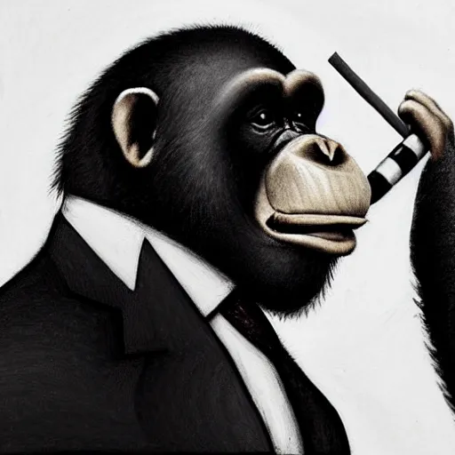 Image similar to a high detail photo of an antropomorphic chimp wearing a suit smoking a cigarrette, subject= chimp, subject detail: wearing a suit, subject action: smoking a cigarrette photorealism