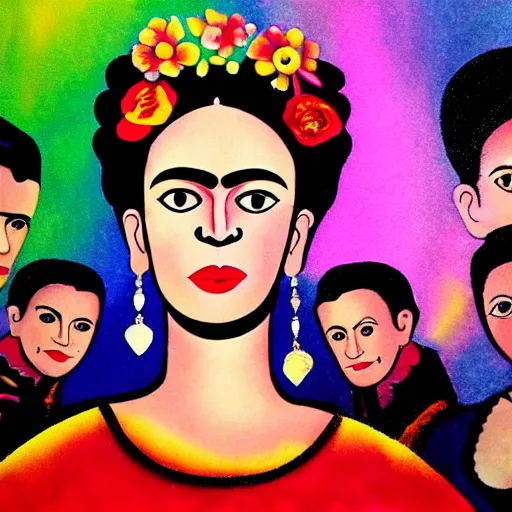 Image similar to latin dance band in the style of frida kahlo. lively. colorful. hd.