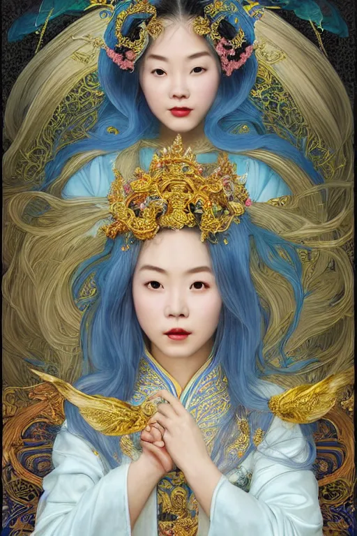 Image similar to a beautiful young Asian woman, Queen of the Sea Mu Yanling, long flowing white hair, blue and yellow robe that resembles floating wings, water flowing and floating around, young female face, liquid magic, cinematic top lighting, insanely detailed and intricate, face by Artgerm, design by Alphonse Mucha, Kuvshinov Ilya, Irakli Nadar, render by krenz cushart, golden ratio, symmetrical proportions, elegant, ornate, luxury, elite, matte painting, MTG, magic the gathering, trending on artstation, cinematic, cgsociety, 8k, high resolution,