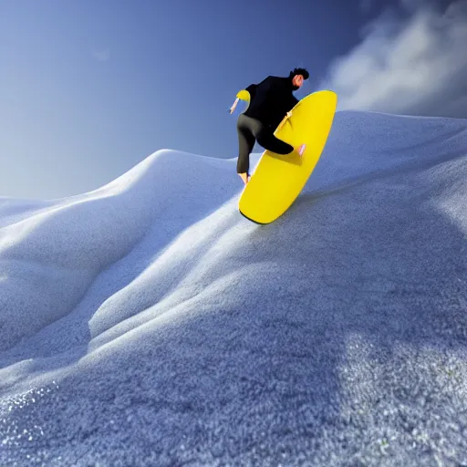 Prompt: man riding a yellow surfboard down a snowy mountain, high quality, hyper realistic, dramatic