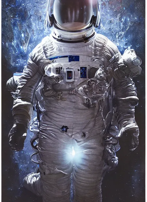 Image similar to detailed astronaut suit in dark void underwater - complex and hyperdetailed suit. reflection and dispersion materials. rays and dispersion of light. glowing lights. volumetric light. f / 3 2. noise film photo. flash photography. ultra realistic, wide angle. poster by wayne barlowe, hajime sorayama aaron horkey, craig mullins