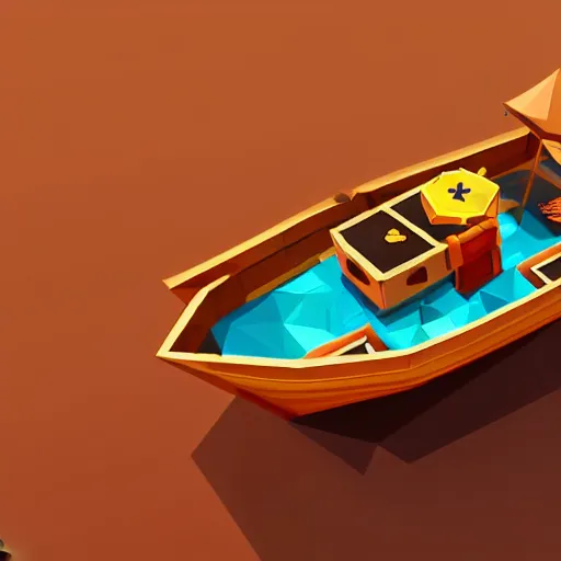 Image similar to boat in the dessert filled with coin and jewl collectables, game concept, low poly, horizontal view