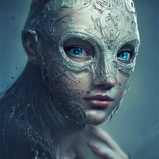 Image similar to Very very very very highly detailed epic central composition studio photography of face with venetian mask, intricate, dystopian, sci-fi, extremely detailed, digital painting, artstation, concept art, smooth, sharp focus, illustration, intimidating lighting, incredible art by Anna Dittmann