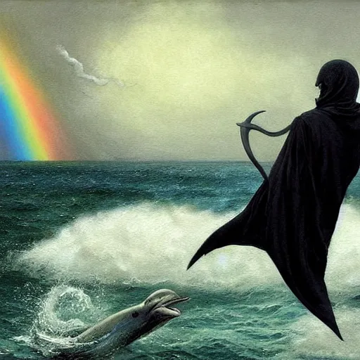 Prompt: a hyper realistic painting of the grim reaper riding a dolphin jumping over a rainbow, death, black cloak, by greg rutkowski and santiago caruso,