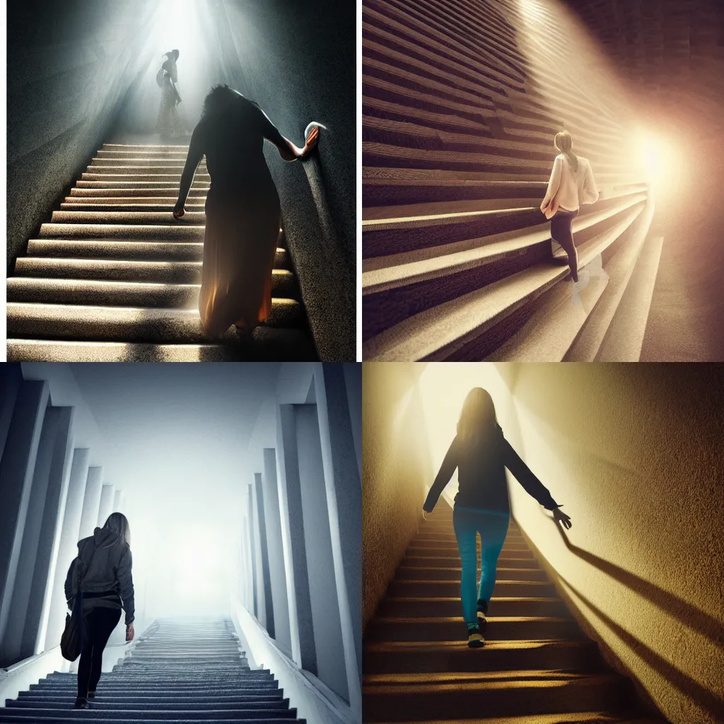 Prompt: ealderly woman walking up the stairs to heaven, hyper realistic, ethreal, dramatic lighting, rim light