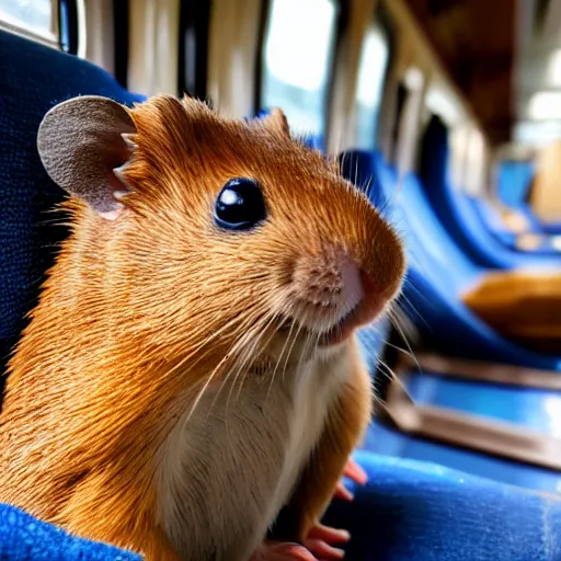 Image similar to photo of a train interior, a brown hamster is sitting on a seat, various poses, unedited, soft light, sharp focus, 8 k