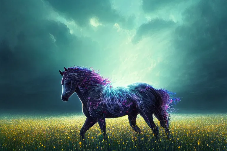 Prompt: a stunning digital painting of a horse with a mane of bioluminescent flowers running through a field of flowers by greg rutkowski, flowercore, volumetric light, digital art, fine detail, photorealistic