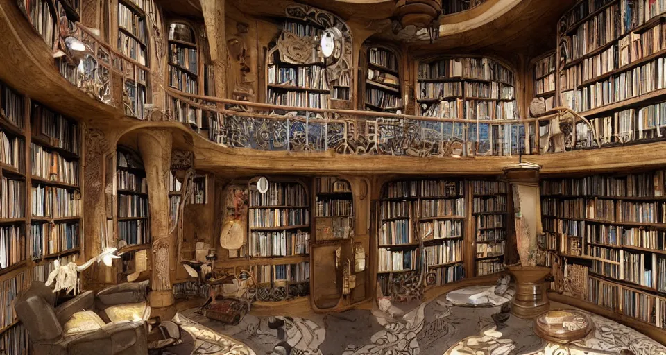 Prompt: A scene from a 2022 fantasy film featuring a cozy art nouveau reading nook inside a fantasy treehouse city. Suspended walkways. Disorganized ancient books. 8K UHD.