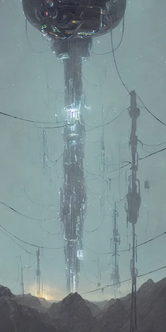 Prompt: tall space elevator with long tendrils, lots of hanging cables and antennas, sci - fi concept art, by john harris, by simon stalenhag, stunning, award winning