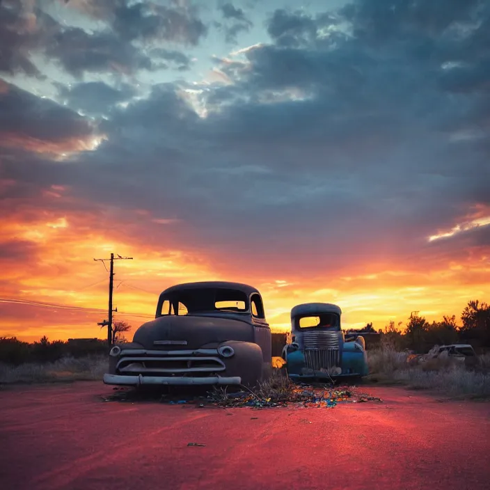 Image similar to a sunset light landscape with historical route 6 6, lots of sparkling details and sun ray ’ s, blinding backlight, smoke, volumetric lighting, colorful, octane, 3 5 mm, abandoned gas station, old rusty pickup - truck, beautiful epic colored reflections, very colorful heavenly, softlight