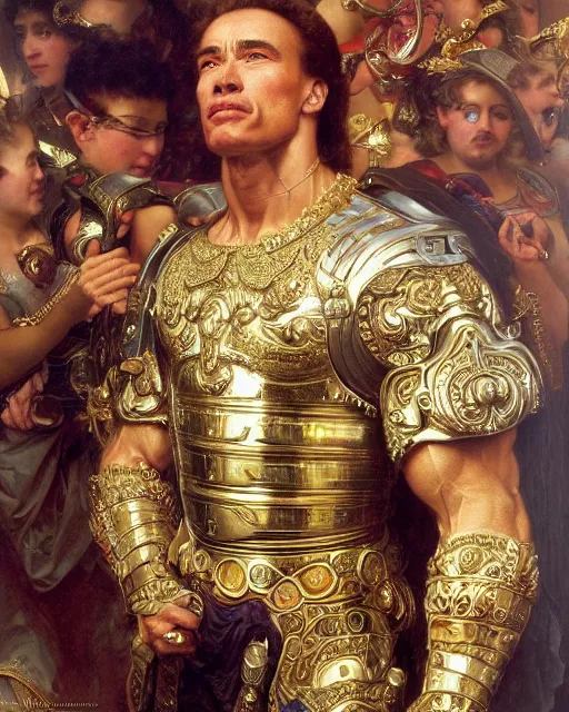 Image similar to a arnold schwarzenegger, dressed in ornate, detailed, intricate iridescent opal armor, detailed oil painting by william adolphe bouguereau and donato giancola