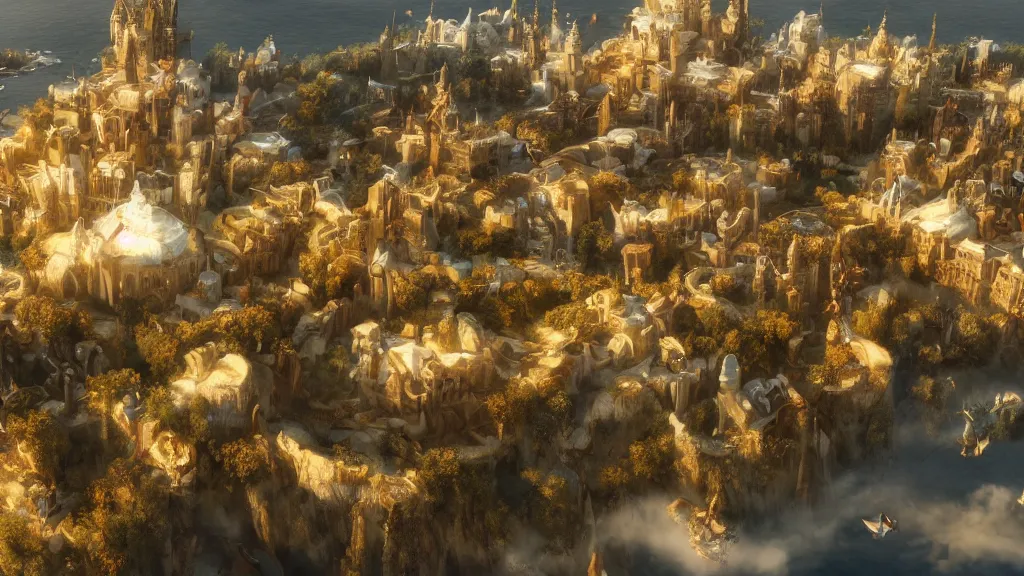Image similar to a snow white and golden city flying with a floating island, sky island, white, pure white and gold, fantasy artwork, very very very beautiful scenery, hd, hdr, ue5, ue6, unreal engine 5, cinematic 4k wallpaper, 8k, ultra detailed, high resolution, artstation, award winning