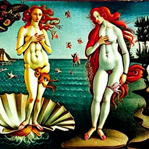 Image similar to birth of venus all people are frogs in the style botticelli, 8 k, oil painting,