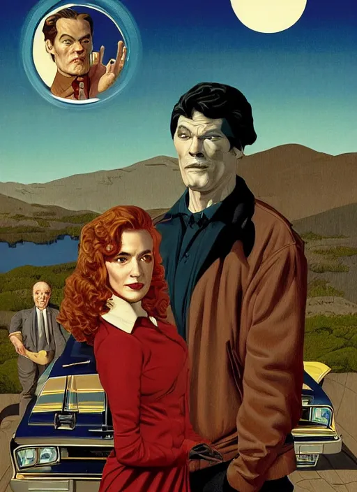 Prompt: Twin Peaks art, of Michael Shannon dressed as mechanic talking to Jennifer Connelly wearing light blue diner waitress dress, poster artwork by Gerald Brom, James Edmiston, Michael Whelan, Bob Larkin and Tomer Hanuka, Kilian Eng, Ed Emshwiller, Glenn Fabry, Hal Foster, Kelly Freas, Greg Hildebrandt, Joe Jusko, Martine Johanna, Scott Listfield, Chris Moore, Simon Stalenhag, Jeffery Smith, from scene from Twin Peaks, simple illustration, domestic, nostalgic, from scene from Twin Peaks, clean, full of details, by Makoto Shinkai and thomas kinkade, Matte painting, trending on artstation and unreal engine, New Yorker magazine cover