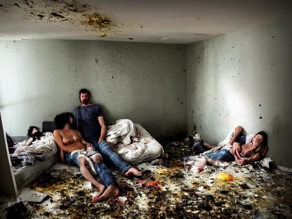 Prompt: a photograph of a man and a woman in a disgustingly filthy apartment, submerged in vomit, they are mouldy and obviously intoxicated. they have merged with the walls and ceiling, levitating above a cloud of nebulous dogs