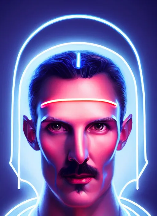 Image similar to portrait of nikola tesla cyber humanoid, intricate, elegant, cyber neon lights, highly detailed, digital painting, artstation, glamor pose, concept art, smooth, sharp focus, illustration, art by artgerm and greg rutkowski