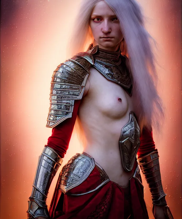 Image similar to hyperrealistic mixed media painting of a beautiful young female battlemage, stunning 3d render inspired art by P. Craig Russell and Barry Windsor-Smith + perfect facial symmetry + dim volumetric lighting, long flowing white hair, pale skin, ornate crimson gothic armor, dizzy, full body, confident heroic pose, 8k octane beautifully detailed render, post-processing, extremely hyperdetailed, intricate, epic composition, grim yet sparkling atmosphere, cinematic lighting + masterpiece, trending on artstation, very very detailed, masterpiece, stunning