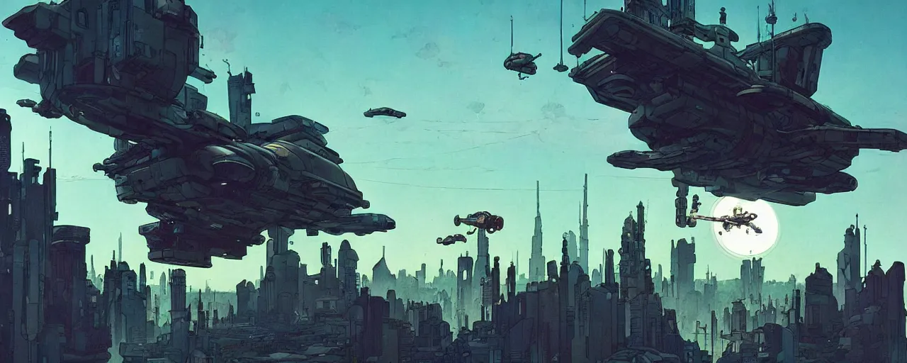 Image similar to a large whimsical spaceship floating above a cyberpunk city, by Mike Mignola, Robbie Trevino, ellen jewett, Yoji Shinkawa