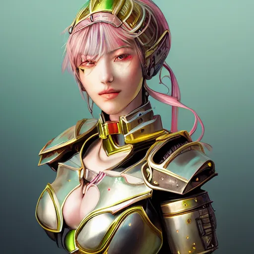 Image similar to studio portrait of lawful good colorful female holy mecha paladin absurdly beautiful, elegant, young sensual graceful woman, ultrafine hyperrealistic detailed face illustration by kim jung gi, irakli nadar, intricate linework, sharp focus, bright colors, matte, octopath traveler, final fantasy, unreal engine highly rendered, global illumination, radiant light, intricate environment