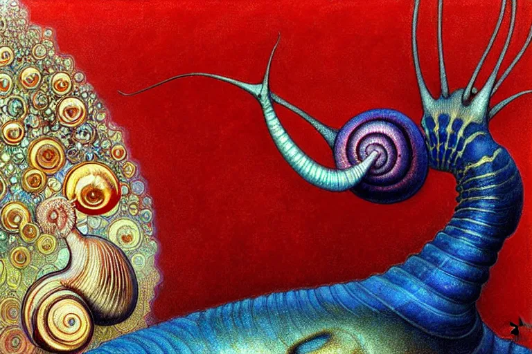 Prompt: realistic detailed closeup portrait painting of a single snail wearing crimson velvet blazer in a crowded futuristic moscow street by Jean Delville, Amano, Yves Tanguy, Alphonse Mucha, Ernst Haeckel, Ilya Repin, Edward Robert Hughes, Andrei Tarkovsky, Roger Dean, rich moody colours, blue eyes