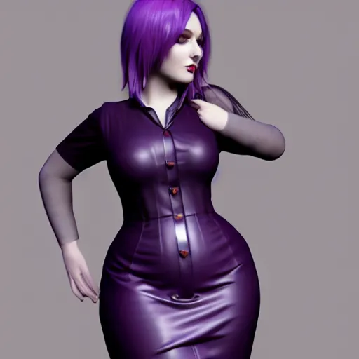 Image similar to curvy feminine hot goth cutie with sublime elegant purple-grey leather dress, checkered, cgsociety, photorealistic, seductive ambience, idealistic, 16k, smooth, sharp focus, trending on ArtStation, volumetric lighting, fully clothed, worksafe