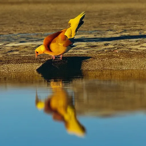 Prompt: lovebird sitting at shore, reflective, sunny day, landscape photography, nature