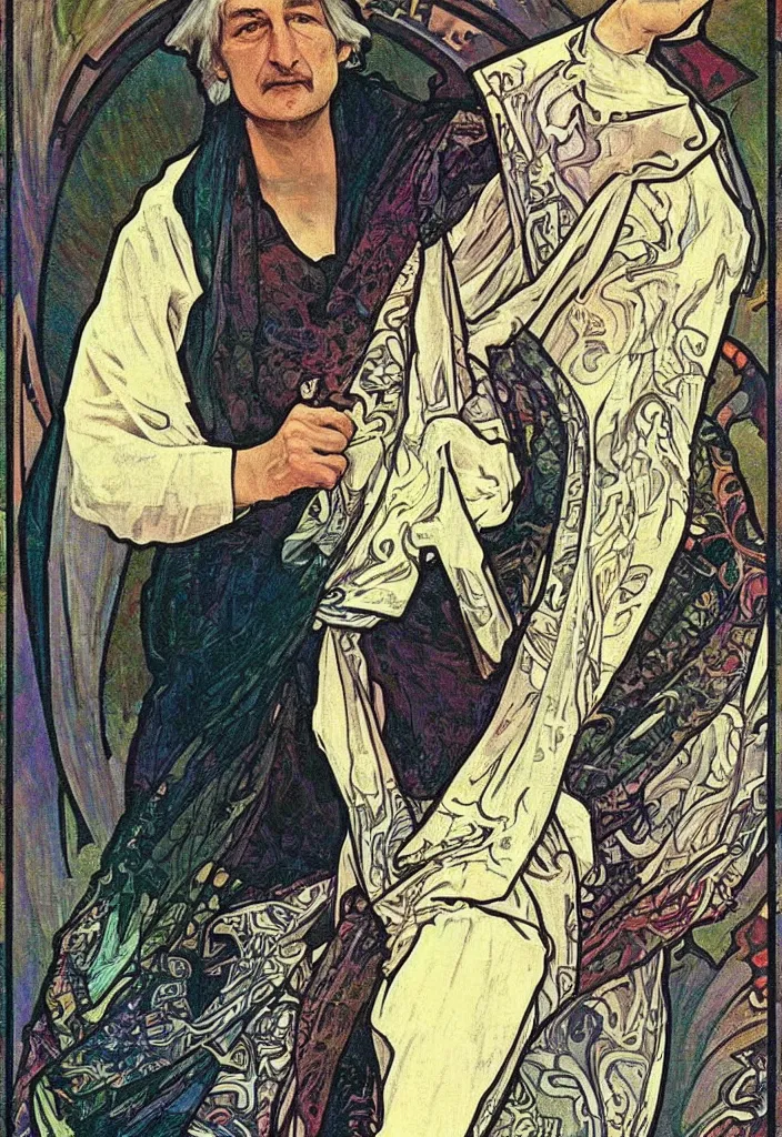 Image similar to realistic white - haired geoffrey hinton on a tarot card, tarot in art style by alphonse mucha