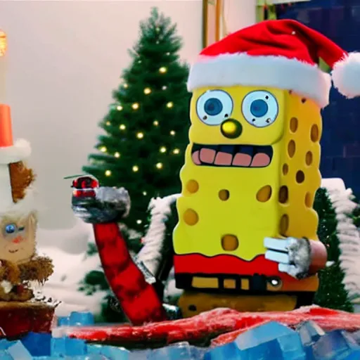 Image similar to robot santa and spongebob ride a tree log down an icy slope