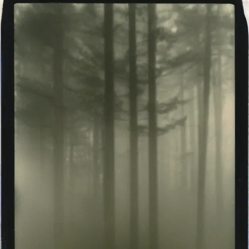 Image similar to a towering statue in a forest clearing reaching into the fog, night, old polaroid, expired film, megalophobia,