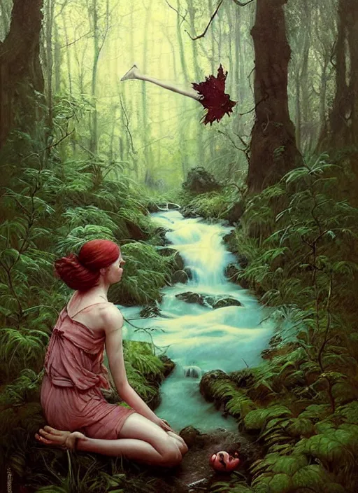 Prompt: bubblegum in the woods by a stream, river gorgeous lighting, lush forest foliage blue sky a hyper realistic painting by chiara bautista and beksinski and norman rockwell and greg rutkowski, tom bagshaw weta studio, and lucasfilm