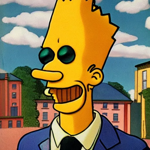 Image similar to Real-Life-Bart-Simpson by Raphael, Hopper, and Rene Magritte. detailed, romantic, enchanting, trending on artstation.