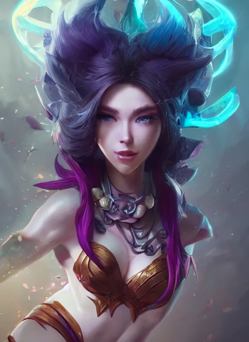 Image similar to karma, from league of legends, au naturel, hyper detailed, digital art, trending in artstation, cinematic lighting, studio quality, smooth render, closed eyes, unreal engine 5 rendered, octane rendered, art style by klimt and nixeu and ian sprigger and wlop and krenz cushart