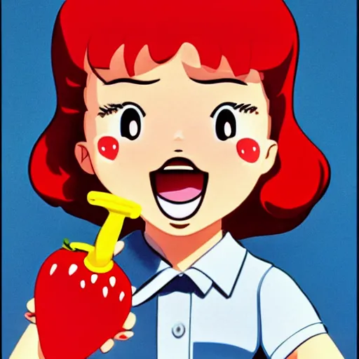 Image similar to a very cute, adorable strawberry character with only two front teeth, holding a yellow toothbrush, in the style of hiroshi nagai