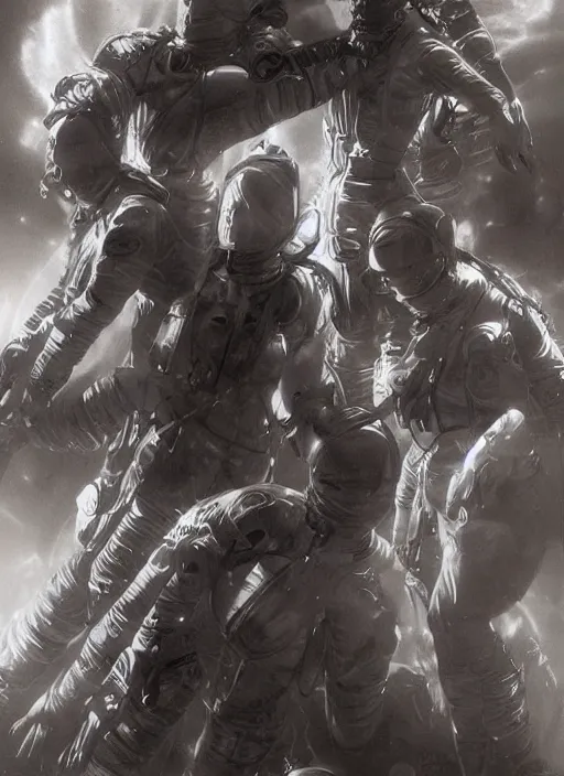 Image similar to astronauts girls in dark void underwater - complex and hyperdetailed technical suit design. reflection and dispersion materials. rays and dispersion of light. volumetric light. f / 3 2. noise film photo. flash photography. ultra realistic, wide angle. poster by wayne barlowe, hajime sorayama aaron horkey, craig mullins