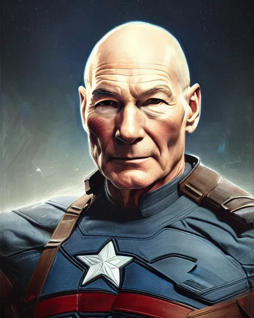 Prompt: a highly detailed portrait of Sir Patrick Stewart as Captain America, by greg rutkowski and android jones in a surreal portrait style, oil on canvas, ancient cyberpunk 8k resolution, masterpiece
