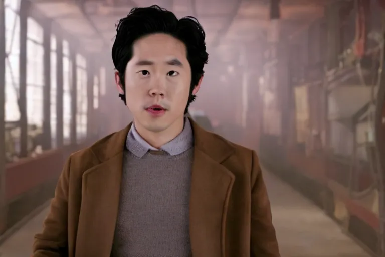 Image similar to cinematic still of Steven Yeun from charlie and chocolate factory (2005), XF IQ4, f/1.4, ISO 200, 1/160s, 8K, RAW, dramatic lighting, symmetrical balance, in-frame