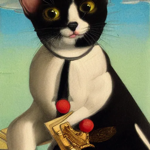 Prompt: portrait painting of an adorable tuxedo kitten in renaissance clothing in the style of Botticelli